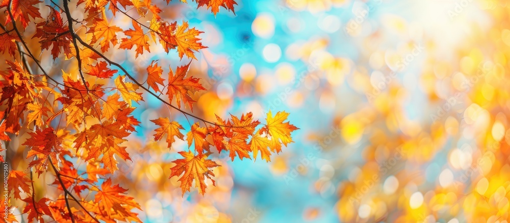 A maple tree branch in autumn colors against a sunny blue sky with a blurred background of bright yellow and orange fall leaves providing copy space image A maple tree branch in autumn colors against a sunny blue sky with a blurred background of bright yellow and orange fall leaves providing copy space image