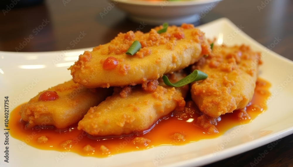Deliciously golden fried food with vibrant sauce Deliciously golden fried food with vibrant sauce