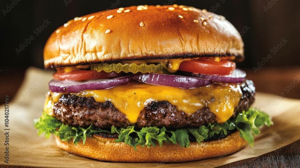Wagyu beef burger with melted cheese, layered toppings, and a juicy patty Wagyu beef burger with melted cheese, layered toppings, and a juicy patty