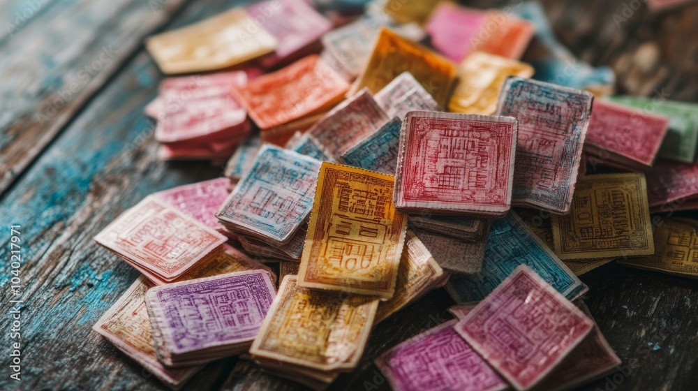 Top View of Marked Lottery Tickets with Different Numbers Piled on Wooden Surface in Close-Up Top View of Marked Lottery Tickets with Different Numbers Piled on Wooden Surface in Close-Up