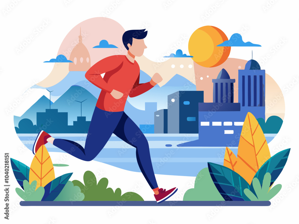 A runner enjoys a morning jog in a vibrant urban landscape with mountains and buildings in the background during sunrise A runner enjoys a morning jog in a vibrant urban landscape with mountains and buildings in the background during sunrise