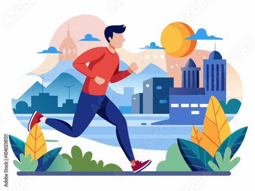 A runner enjoys a morning jog in a vibrant urban landscape with mountains and buildings in the background during sunrise
