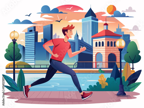 A man jogs through a park in the city as the sun sets behind the skyline, showcasing a vibrant urban environment