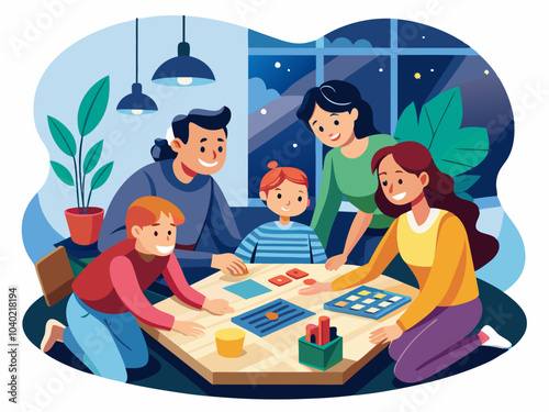Family enjoying a game night together at home with a cozy atmosphere and evening lights