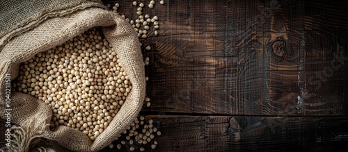 Top view of organic whole Pearl Millet Pennisetum glaucum or Bajra seeds in a jute bag on a dark wooden background with copy space image available photo