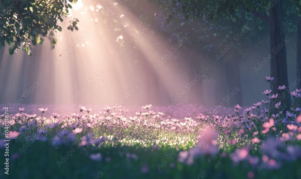 Obraz premium Sunlit Forest Glade with Blooming Wildflowers