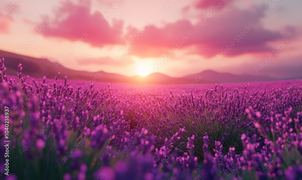 Fototapeta premium Lavender Field at Sunrise with Mountains and Clouds