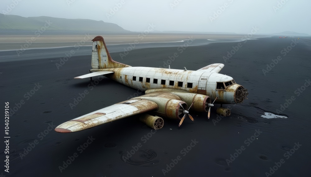 Fototapeta premium Abandoned airplane on a deserted beach