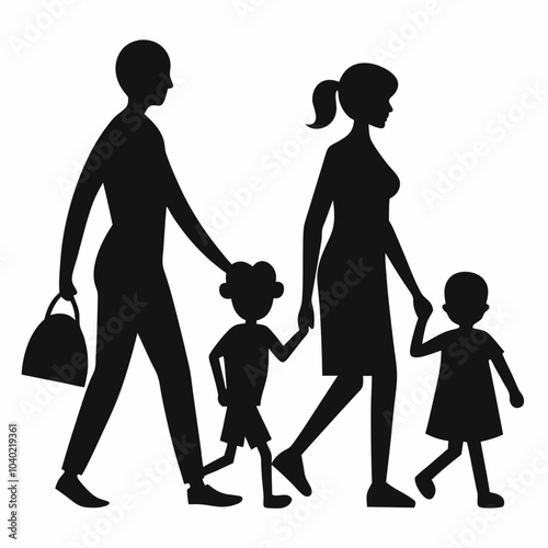 Family walking silhouette vector illustration on white background