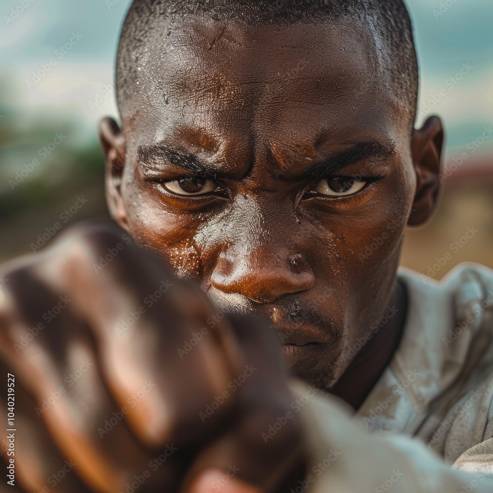 A man with a boxing glove on his hand is looking at the camera A man with a boxing glove on his hand is looking at the camera