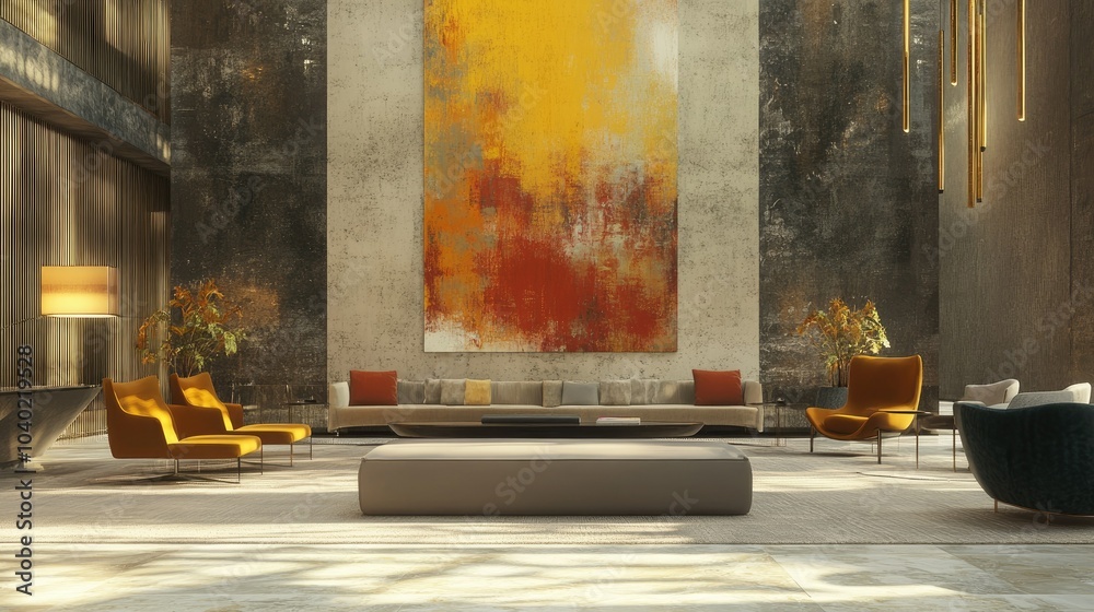 Contemporary hotel lobby with modern furniture and abstract art, offering space for text