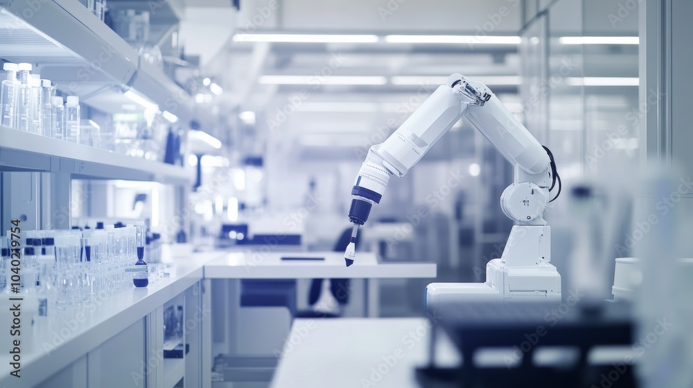 A robot performing automated quality checks in a modern biotechnology lab with clean, organized testing stations and advanced quality control systems, Biotechnology tech style