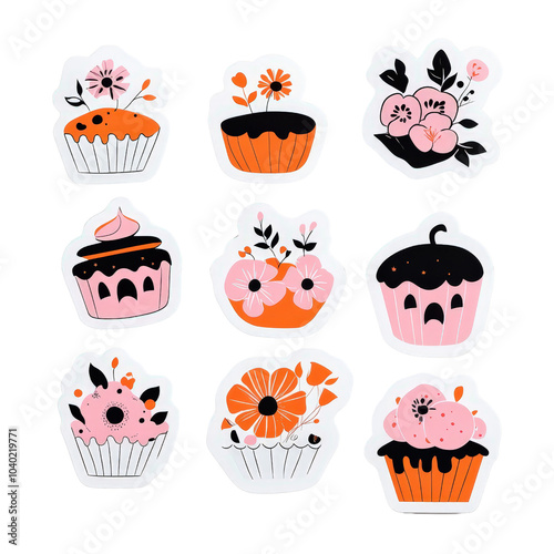 Cute Floral Cupcake Stickers Black Orange Pink Design Halloween Party Decoration