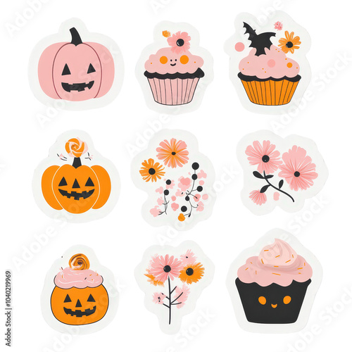 Halloween Stickers Set Pumpkin Cupcakes Flowers Fall Decorations