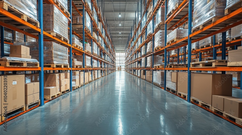 Rows of fully stocked warehouse shelves with open floor space, showcasing efficient warehouse management, with clear copy space at the top of the image for text or graphics Rows of fully stocked warehouse shelves with open floor space, showcasing efficient warehouse management, with clear copy space at the top of the image for text or graphics