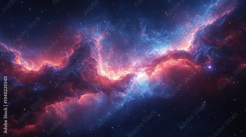 Dynamic nebula with vivid red and blue light waves. Dynamic nebula with vivid red and blue light waves.