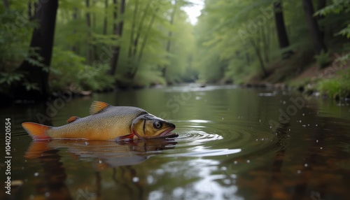  Tranquil waterscape with a large fish swimming near the shore