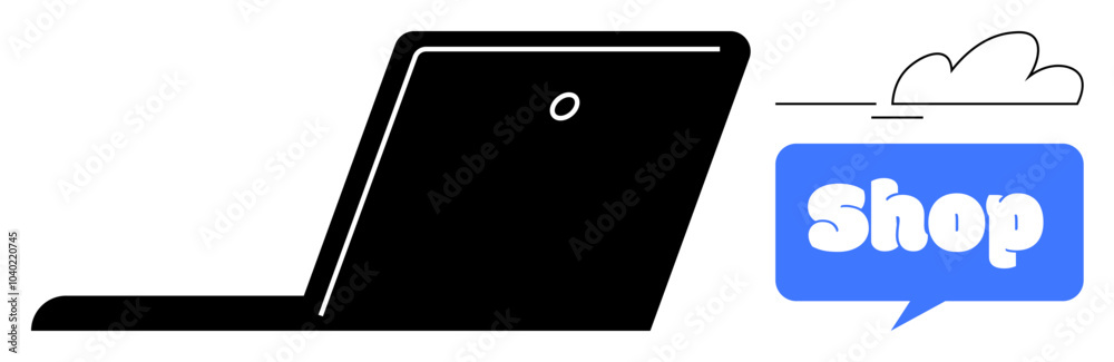Laptop with a shop symbol in a blue speech bubble. Ideal for ecommerce, technology, online retail, digital marketing, internet shopping. Minimalistic flat design style with simple colours Laptop with a shop symbol in a blue speech bubble. Ideal for ecommerce, technology, online retail, digital marketing, internet shopping. Minimalistic flat design style with simple colours
