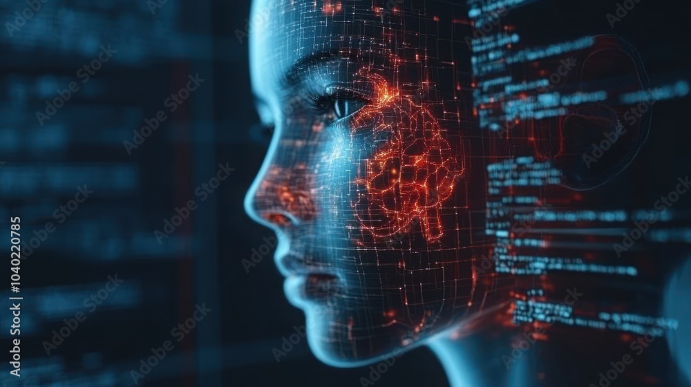 Digital Woman's Face with a Brain Illustration Digital Woman's Face with a Brain Illustration