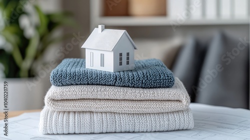 A playful scene featuring miniature houses placed on everyday objects like a table, bed, and towel, illustrating the concept of housing and architecture in a creative, symbolic way