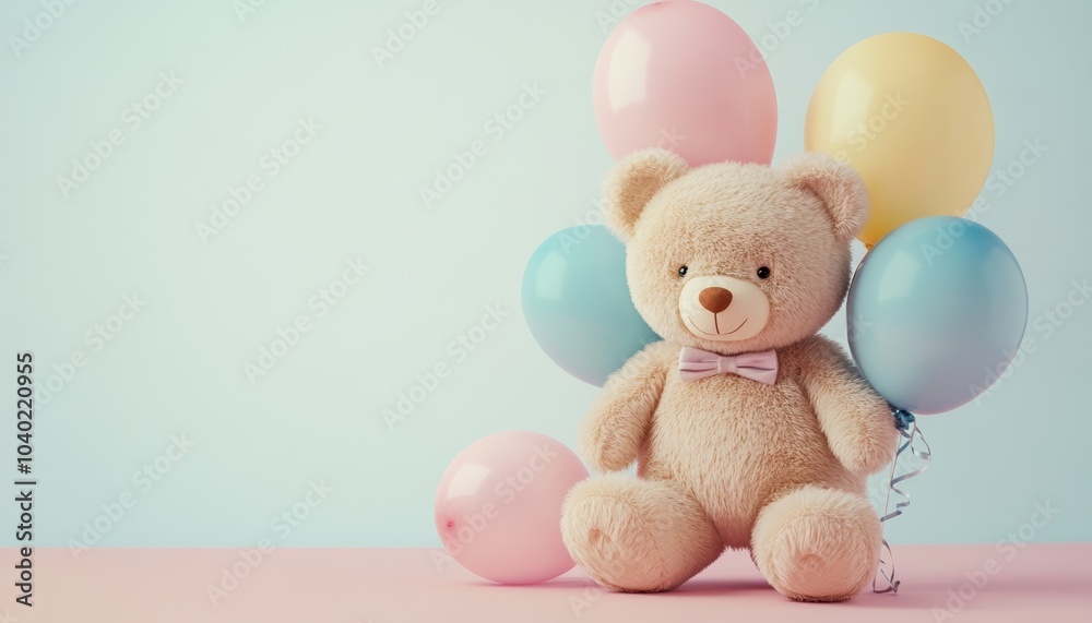 Beige Fluffy Bear Kid Toy with Pink Heart on Blue Background Beige Fluffy Bear Kid Toy with Pink Heart on Blue Background