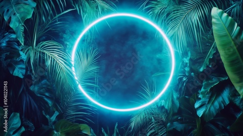 Green and blue neon light, round frame with tropical leaves