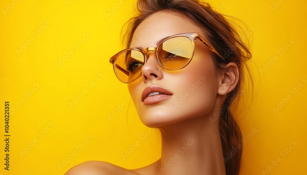Young Woman Wearing Chic Yellow Sunglasses with Messy Hair Yellow Background Young Woman Wearing Chic Yellow Sunglasses with Messy Hair Yellow Background