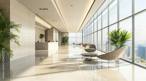 Contemporary office lobby with sleek furniture and a clear space for text or branding