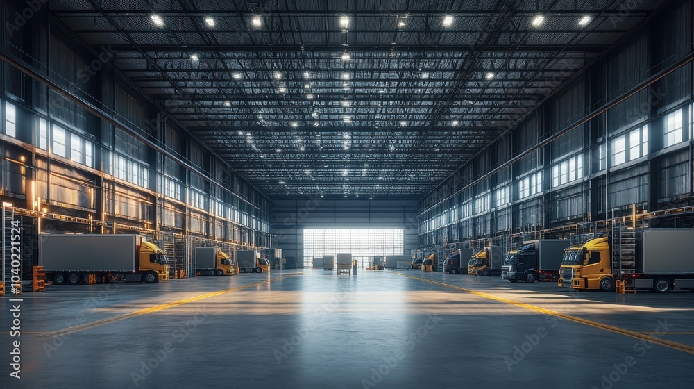 A loading dock in a warehouse with trucks being loaded, workers coordinating operations, and an empty section of the sky and floor available for copy space A loading dock in a warehouse with trucks being loaded, workers coordinating operations, and an empty section of the sky and floor available for copy space