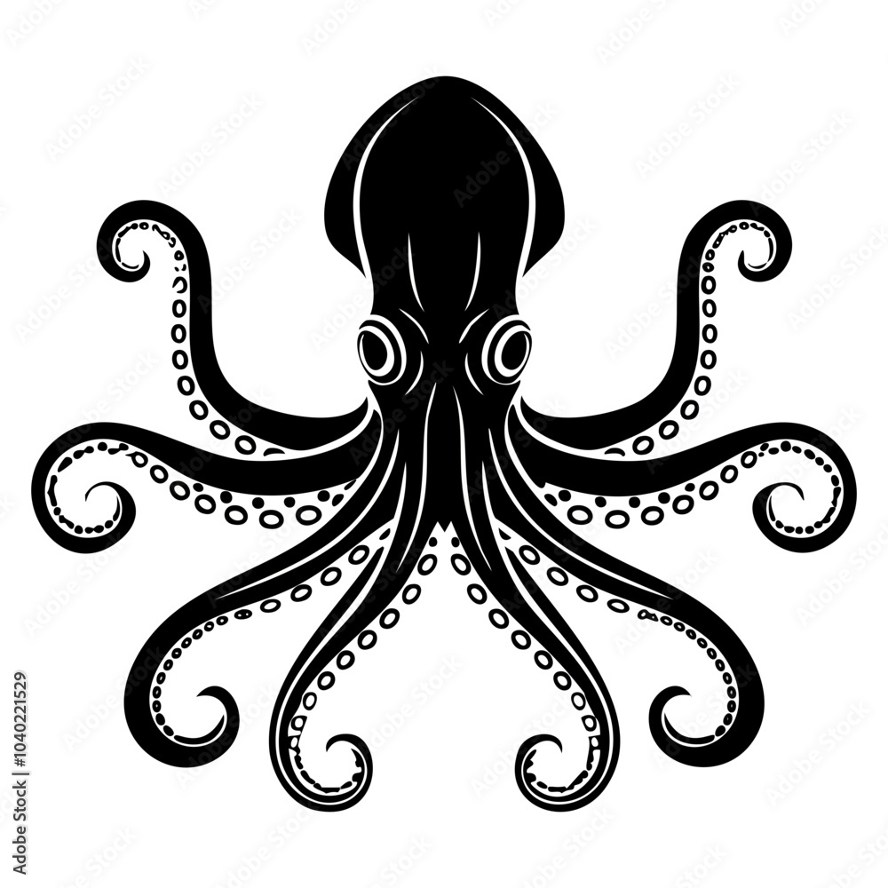 Stylised octopus in black, detailed silhouette isolated on a white background Stylised octopus in black, detailed silhouette isolated on a white background