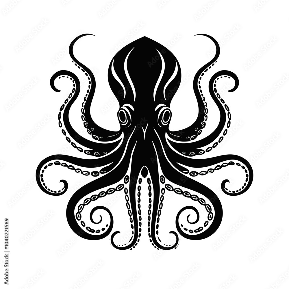 Detailed octopus silhouette in black on a white background for tattoo Detailed octopus silhouette in black on a white background for tattoo