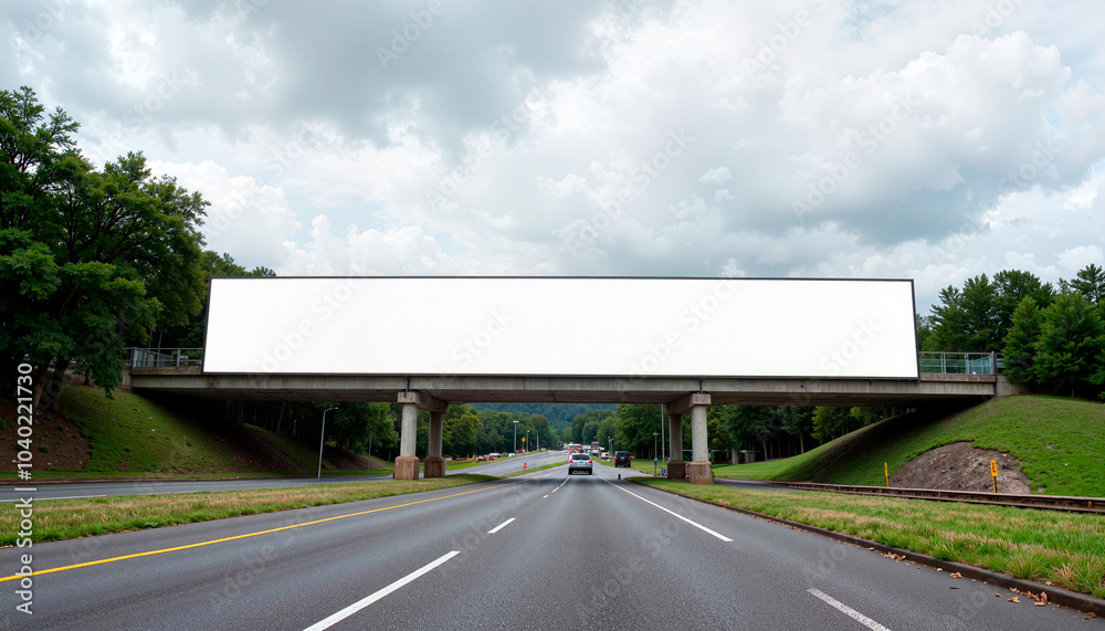 Naklejka premium Large empty street banner mockup PSD on overpass above highway with copy space for advertising
