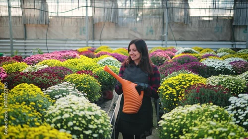 Smiling attractive woman, female gardener with a watering can, watering colorful blooming chrysanthemums on a rack in the greenhouse