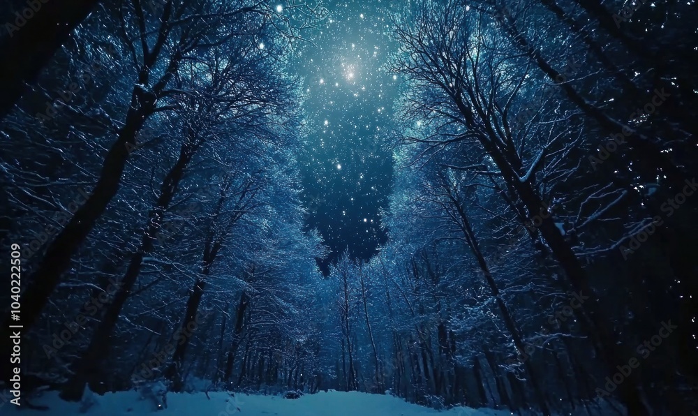 Naklejka premium Starry Night in Snowy Forest