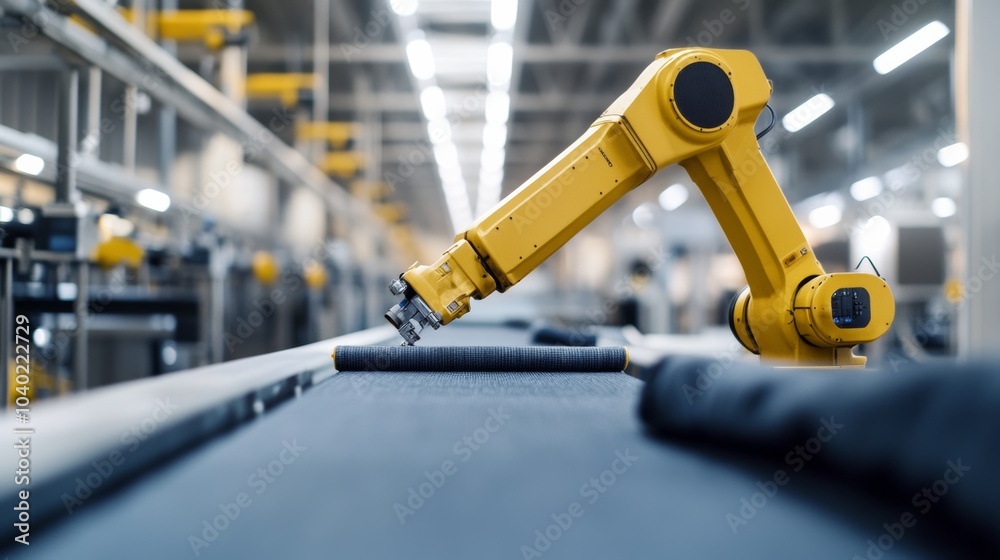 A robot performing automated quality inspection in a clean, modern textile production facility with organized inspection stations and advanced textile inspection systems, Textile inspection tech style A robot performing automated quality inspection in a clean, modern textile production facility with organized inspection stations and advanced textile inspection systems, Textile inspection tech style