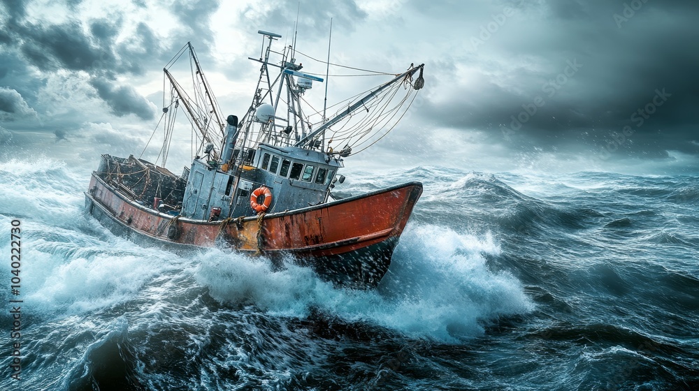 Fototapeta premium Navigating the Rough Seas Aboard a Fishing Vessel with High Waves Crashing Against the Ship
