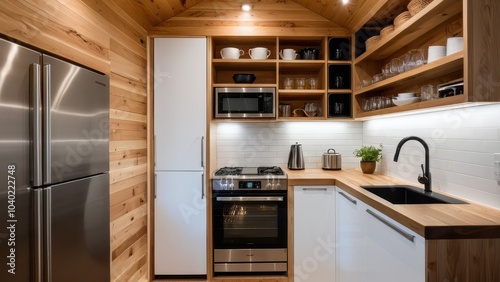 A cozy, modern kitchen with wood finishes, stainless appliances, and ample light from two windows. Sleek, minimalist design with efficient use of space.