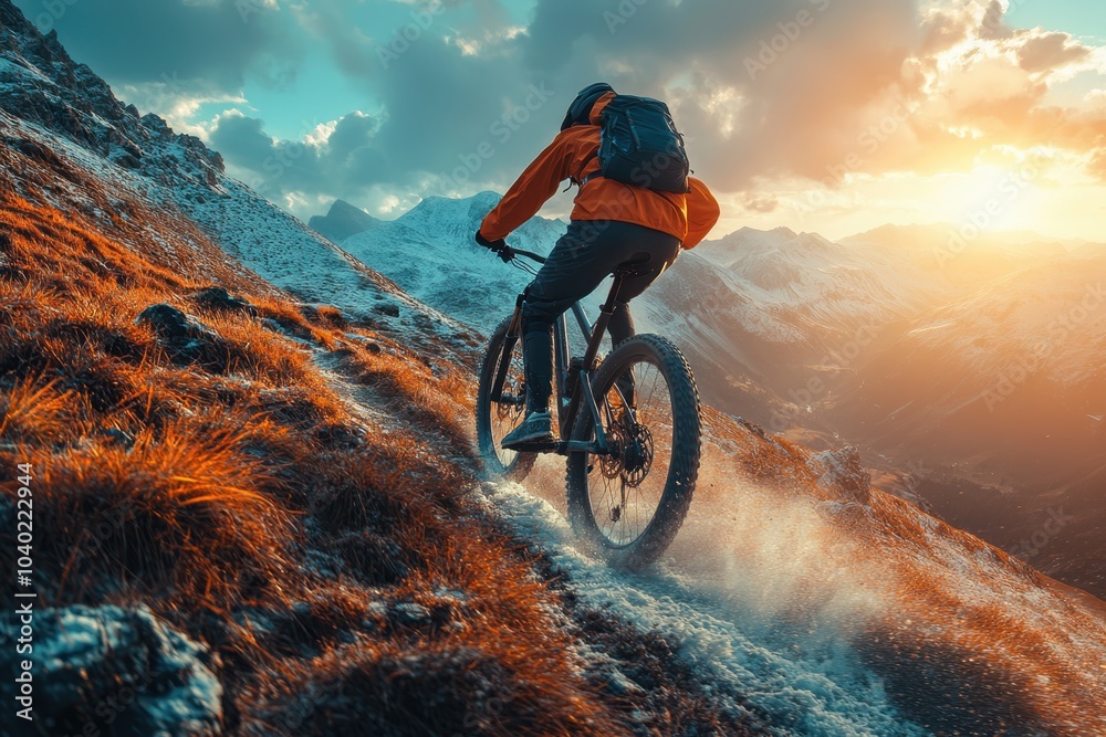 Fototapeta premium Adventurous mountain biker navigating a snowy trail at sunset in the mountains