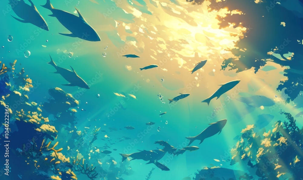 Fototapeta premium Underwater Serenity with Sunlit Ocean and Fish