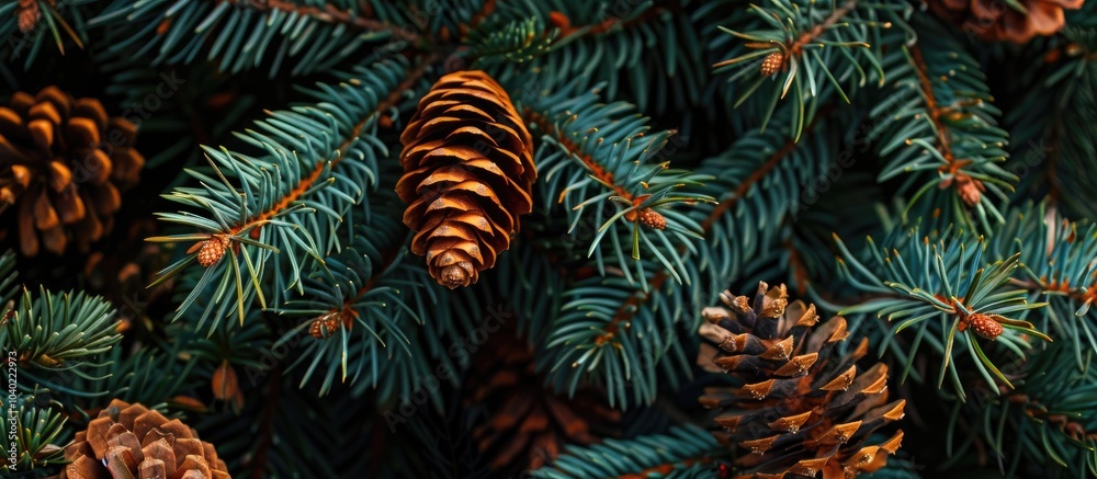 Naklejka premium Close up of spruce branches with cones providing a vibrant copy space image