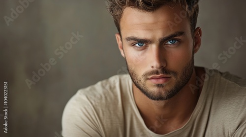 Handsome Young Man with Blue Eyes and Short Hair Looking at Camera with Neutral Expression