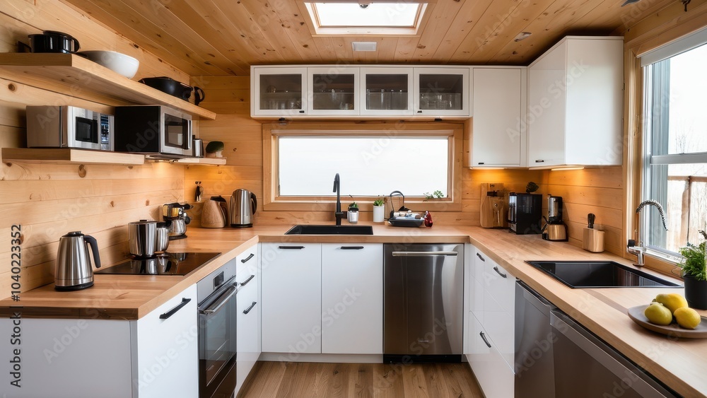 A cozy, modern kitchen with wood finishes, stainless appliances, and ample light from two windows. Sleek, minimalist design with efficient use of space. A cozy, modern kitchen with wood finishes, stainless appliances, and ample light from two windows. Sleek, minimalist design with efficient use of space.