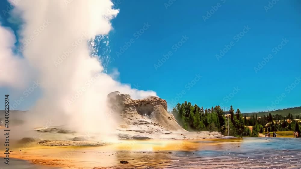 Castle Geyser erupts with hot water and steam with pools of thermophilic bacteria and it's a cone geyser in the Upper Geyser Basin of Yellowstone National Park, Wyoming, United States. Castle Geyser erupts with hot water and steam with pools of thermophilic bacteria and it's a cone geyser in the Upper Geyser Basin of Yellowstone National Park, Wyoming, United States.