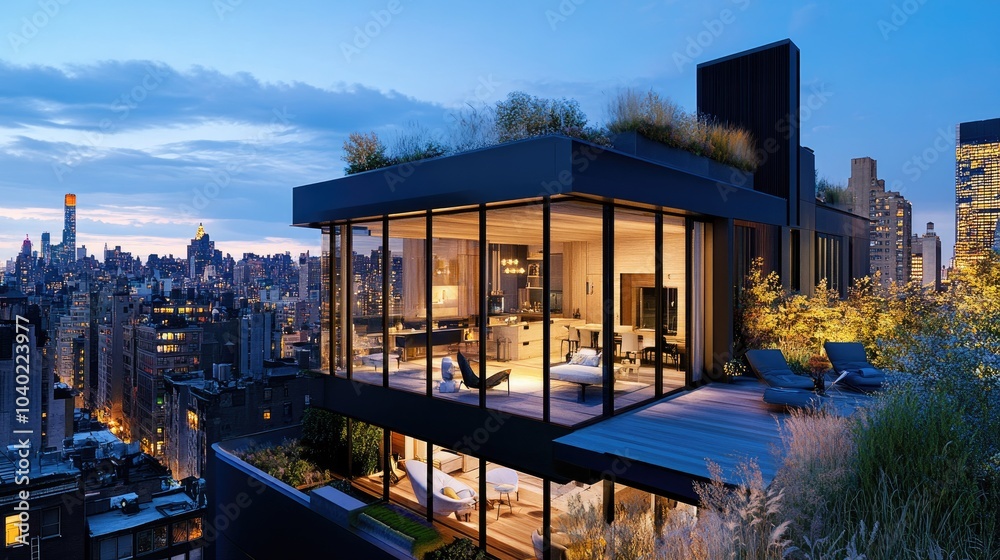 Modern Rooftop Terrace with City View at Dusk Modern Rooftop Terrace with City View at Dusk