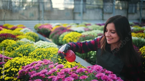 Smiling attractive woman, female gardener with a spray bottle, spraying water on colorful blooming chrysanthemums on a rack in the greenhouse