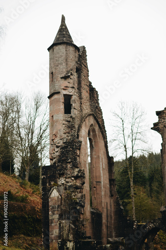 Gothic Ruin Arch  and Tower Surrounded by Autumn Nature