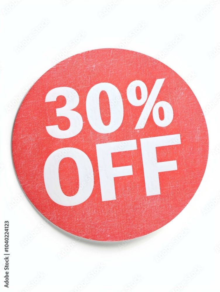 White '30% OFF' Text on a Light Red Round Paper Note. White Background 