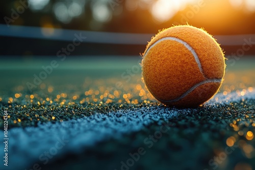 Tennis ball resting on the baseline under the warm glow of sunset at the court photo