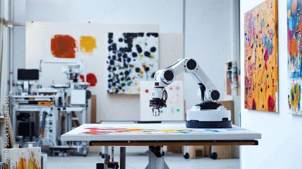 A robot performing automated robotic painting in a modern art studio with clean, organized painting stations and advanced painting equipment, Robotic painting tech style A robot performing automated robotic painting in a modern art studio with clean, organized painting stations and advanced painting equipment, Robotic painting tech style
