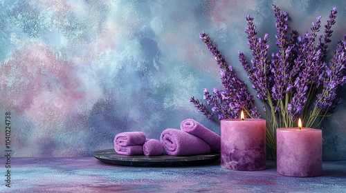 A serene spa setting with lavender, candles, and rolled towels for relaxation.